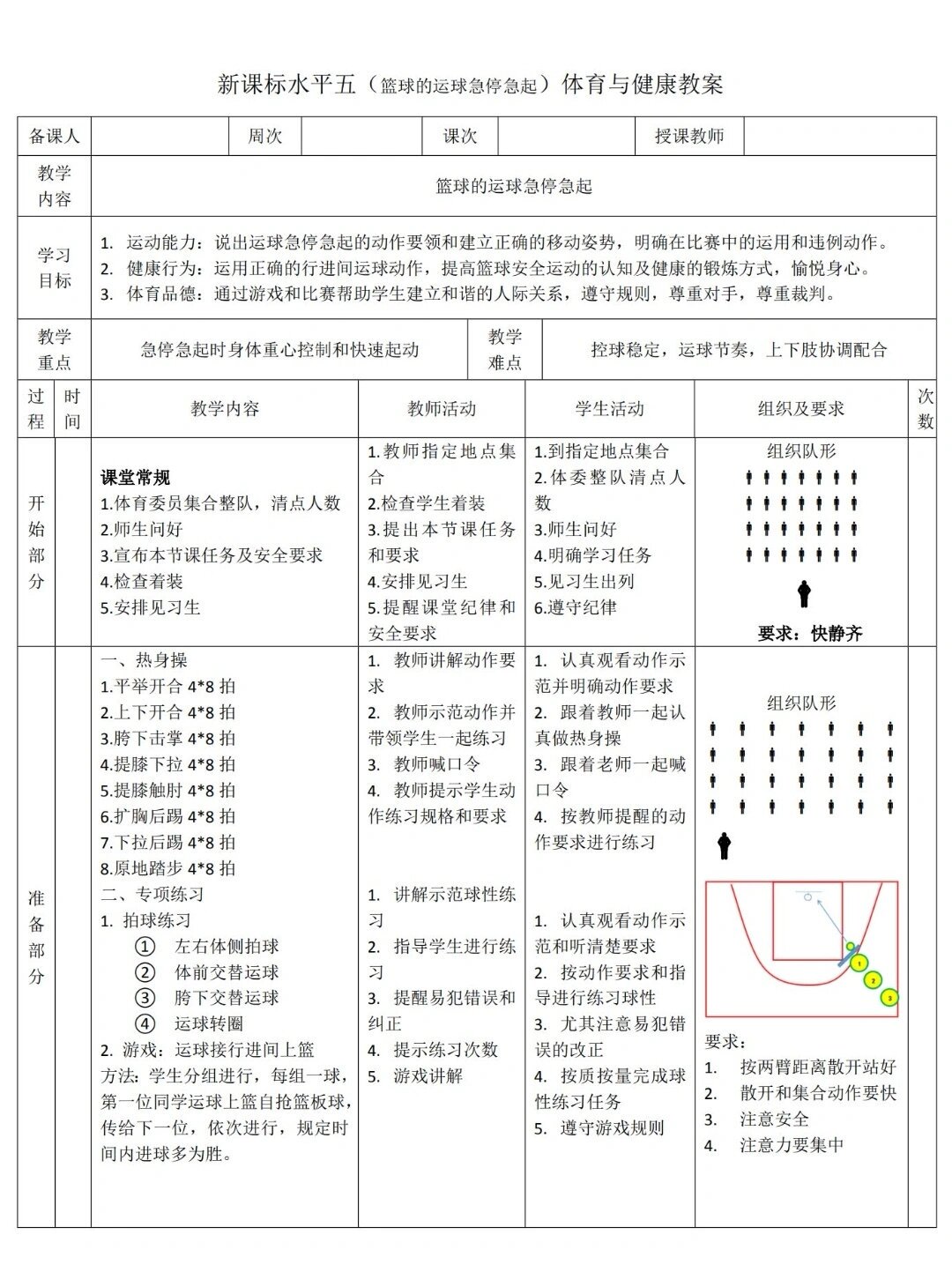 小学篮球队训练教案设计